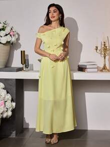 Modelyn Vestido con estampado floral, cuello de pie asimétrico para los hombros de la mujer, estilo romántico, elegante y encantador, para la primavera