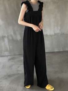 FRIFUL 女士纯色荷叶边拼接阔腿连体裤，甜美夏季女装，女士夏季服装，女士夏季短裙，夏季工作装，夏季连衣裙 - 灰色 - 查看 4