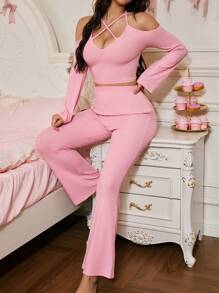 SweetSlumber 2 piezas Conjunto de pijama de mujer con escote en V profundo y sexy