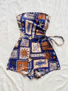 Soleia Tuta fasciante con spalline imbottite, con elementi tropicali di isola estiva come alberi di cocco, vita con laccetto, design traforato, adatta per vacanza, appuntamento, San Valentino, pomeriggio, Pasqua, vacanza, casual, boho, stile western, festival musicale, campagna, brunch, spiaggia, aeroporto, morbida, laurea, abbigliamento da vacanza donna, tuta fasciante, abito da cerimonia - Multicolore - Visualizzare 6
