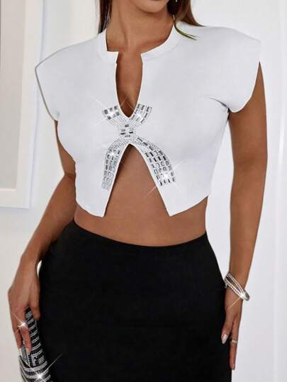 SHEIN LUNE Summer Outfits For WomenWomen's Casual Embellished Rhinestones Sexy Blouse