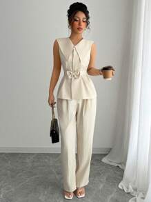 Elenzga Completo estivo da donna composto da blusa smanicata elegante con fiocco in vita e pantaloni lunghi, adatto per festival musicali, vacanze e uso quotidiano in tutte le stagioni