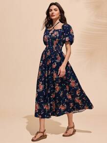 SHEIN Unity فستان أنيق طويل للنساء ذو رقبة مربعة مربوطة - الأزرق - مشاهدة 5