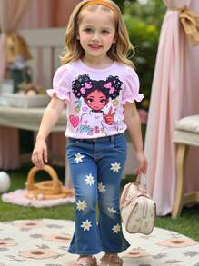 SHEIN Conjunto de camiseta y pantalones casuales minimalista para niña, para uso diario