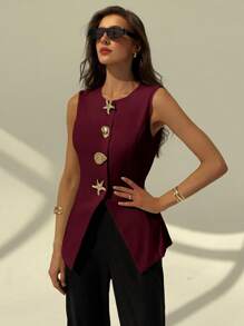 Aloruh Sleeveless Simple Commuter/Office Metal Decor Women Blazer Office In Fall/Winter - Burgundy - View 7