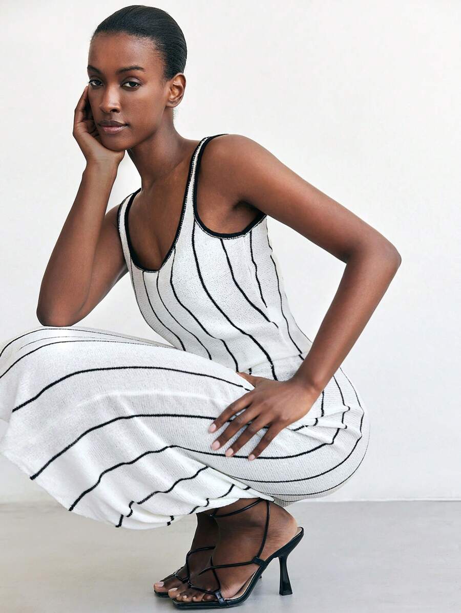 Maija Modern Urban Sleeveless White Striped Camisole Top And Cropped Waist Striped Mini Skirt Set For Women, Spring/Summer