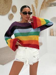 SHEIN Suéter cubridor con patrón a rayas de colores y calado para mujeres