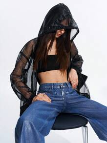 LYSMO Unisex Sheer Open Front Hoodie Sweatshirt, Fashionable And Forward-Looking, Spring/Summer - Black - View 4