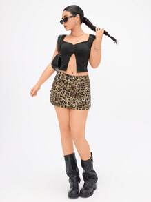 SHEIN ICON Women's Fashionable Leopard Print Multi-Pocket Mini Denim Skirt, Summer - Multicolor - View 5