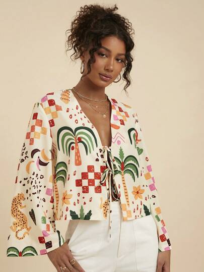 Travachic Woven Floral Print Long Sleeve V-Neck Front Bowknot Design Loose Women Blouse,Summer,Beachwear,Easter,Beach,Spring Break,Vacation Women,Concert,BOHO,Bohemia,Music Festival,Tropical Vacation,New Arrivals