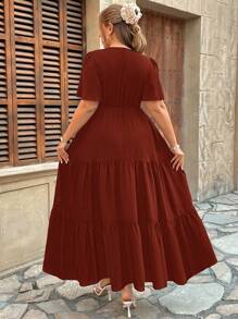 SHEIN Holidaya Plus Size Cross V-Neck Floral Embroidery Ruffle Hem Short Sleeve Dress, Spring/Summer - Coffee Brown - View 2