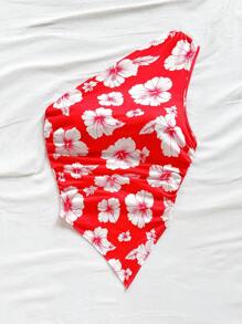 Soleia Floral Print Asymmetric Neck Ruched Sleeveless Fitted Crop Top