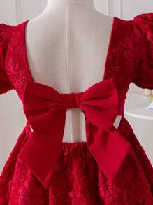 Young Girl Color Block Sleeveless Bowknot Casual Shift Dress - Red - View 3