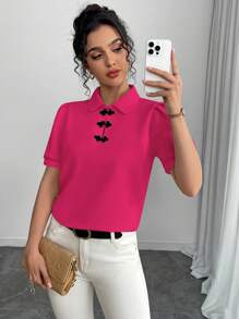 SHEIN Unity 复古中国风纽扣装饰短袖衬衫 - 玫紅色 - 查看 3