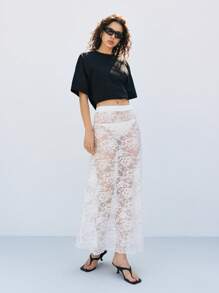 LYSMO Falda midi de encaje floral transparente de moda para mujer, nueva llegada 2025