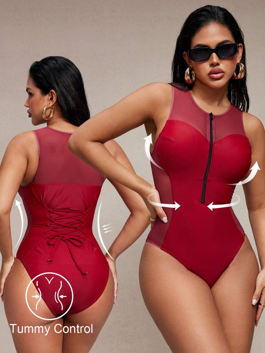 SHEIN Swim 1pc Women Mesh Zipper Drawstring One-Piece Swimsuit For Summer Beach Vacation