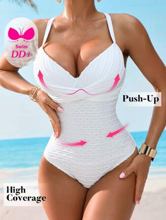 Swim DD+ Baddräkt i ett stycke för kvinnor med korsband, bygelbh för DD-cup, stödjande korsdesign framtill, specialtyg, mode för semestern