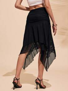 Almamuse Women Bodycon Asymmetrical Mesh Black Skirt - Black - View 2