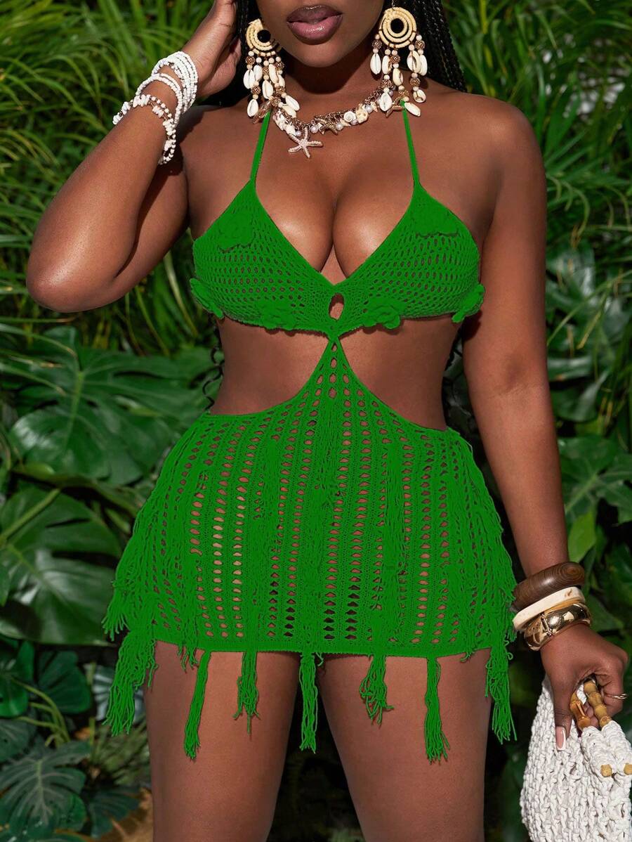 Slaydiva 2025 夏季休闲度假海滩日常沙滩裙，前中圆环装饰 3D 花卉镂空露背挂脖系带流苏下摆修身迷你针织杏色毛衣裙女 - 綠色 - 查看 1