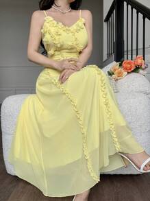 Modelyn Yellow Floral Mesh Sleeveless Dress - Yellow - View 1