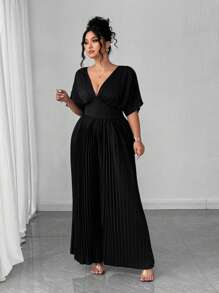 Elenzga Plus Size Women Elegant Shirred Cinched Waist Pleated Jumpsuit For Commuting And Casual Wear - Black - View 4
