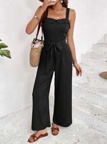 SHEIN Frenchy Women's Solid Color Sleeveless Jumpsuit, Fashionable For Summer Black - Black - View 4