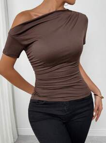 Calvaya Dames zomer slim fit effen kleur asymmetrische kraag geplooid T-shirt met korte mouwen