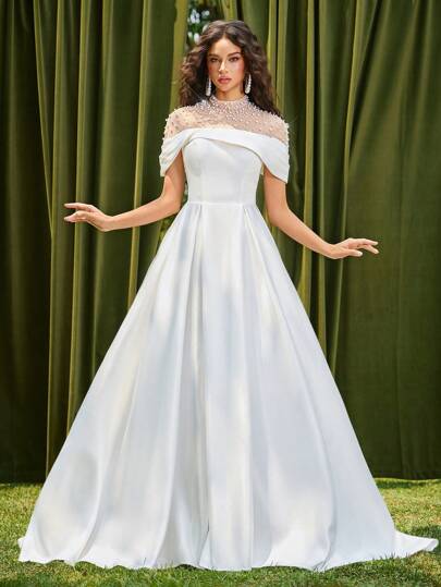 Glamrae 优雅奢华露肩缎面礼服，泡泡珠设计，飘逸拖尾裙，适合婚礼、活动、派对、蜜月、新娘