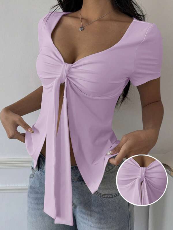 SHEIN EZwear Tricou cu mânecă scurtă, tricot în față, de culoare lavandă
