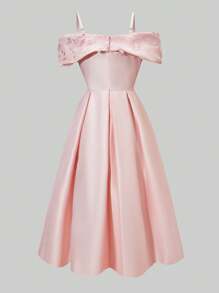 SHEIN 少女蝴蝶结露肩修身喇叭裙，粉色，适合派对 - 粉色 - 查看 11