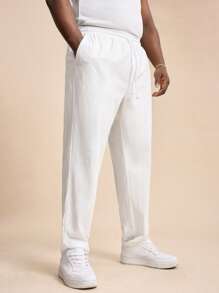 EASEVO Plus Size Men Casual White Woven Slim Fit Long Pants, Fall - White - View 5