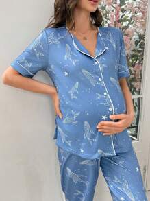 Moonlight & Mama Maternity Cartoon Whale & Starry Sky Print Turndown Collar Short Sleeve Set (Top & Pants), Sleepwear