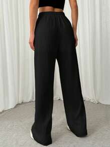 SHEIN EZwear Pantalones casuales de pierna recta con cordón, de textura arrugada y corte holgado para mujer
