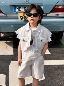 SHEIN 3 件套幼儿男童时尚白色干净短袖牛仔破洞夹克搭配舒适白色短裤，春夏季 - 白色 - 查看 7