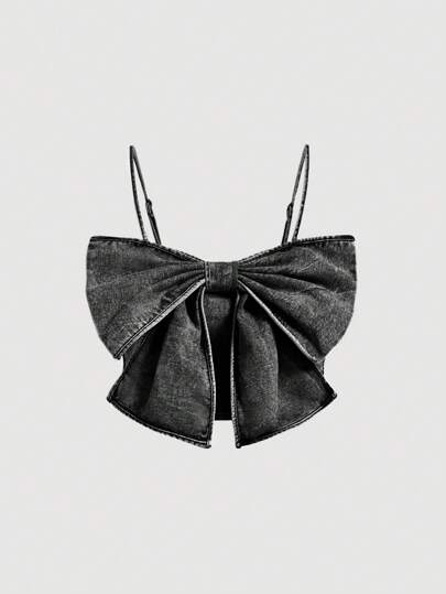 SHEIN MOD Áo denim cổ điển MOD dành cho nữ, Cotton, Hồng, Nơ xinh xắn, Áo hai dây