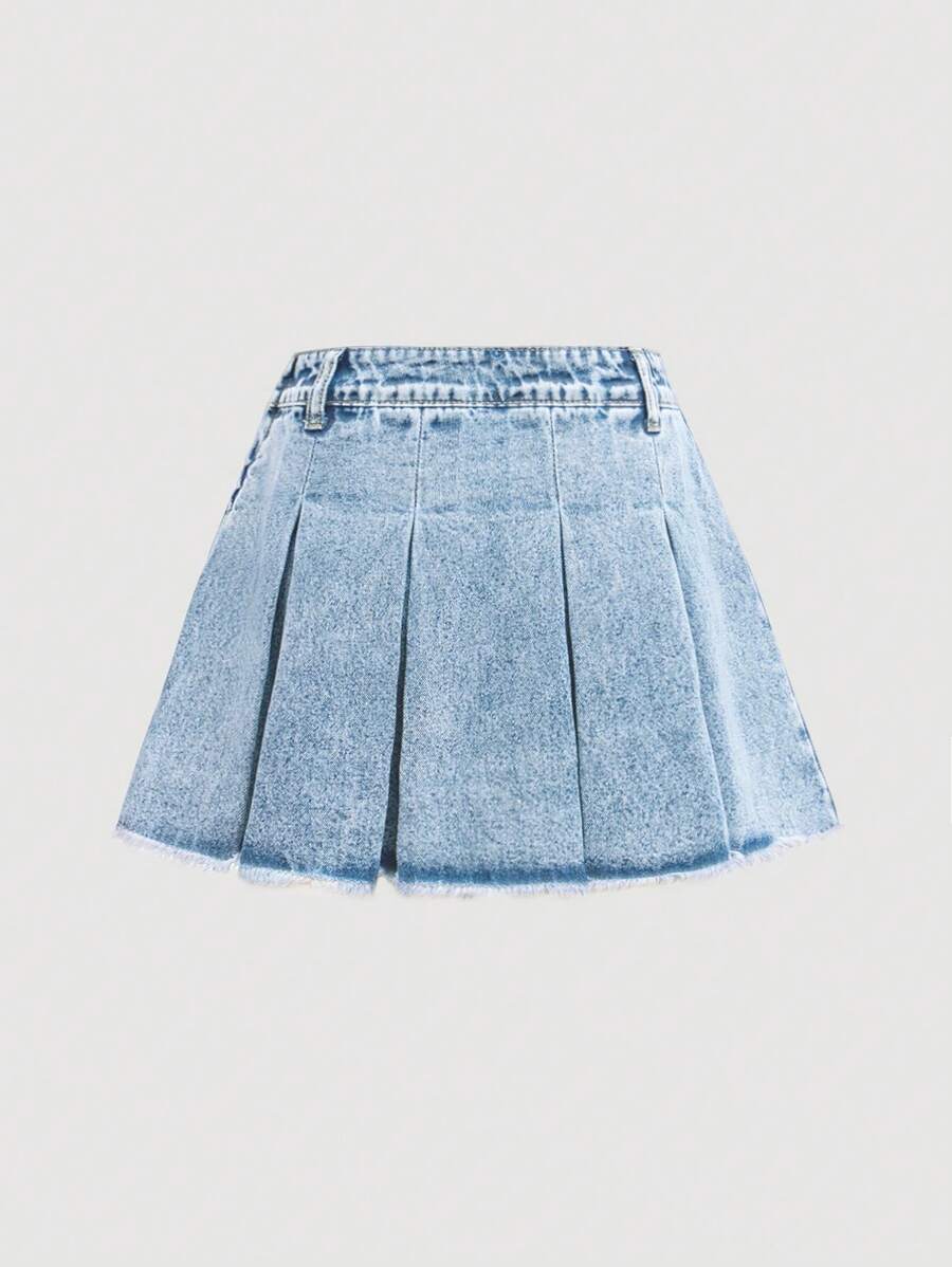 SHEIN Girlism 少女 Y2K 时尚纯色水洗褶皱毛边牛仔迷你裙，秋季返校街头服饰 - 淺色水洗藍 - 查看 1