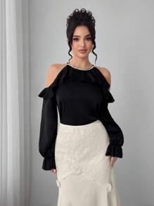 Modelyn Damen elegante Off-Shoulder Bluse mit Rüschensaum und Kunstperle Verzierung