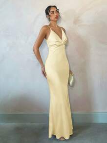 SHEIN BAE Váy Maxi Maxi hở lưng gợi cảm màu mơ trơn thanh lịch cho kỳ nghỉ bên bờ biển mùa hè, thích hợp cho hẹn hò hàng ngày, đi chơi đêm, hộp đêm, tiệc tùng, dạ hội, tiệc cocktail, tiệc hồ bơi, váy ngày lễ - Màu vàng - Xem 5