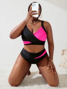 Slaydiva Plus Size Women 2pcs/Set Black & Pink Splice Ruffled Strap Bikini Swimsuit, Summer Beach Holiday