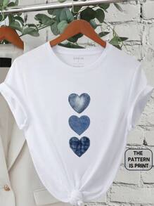 INAWLY Maglietta casual con scollo a ciambella, maniche corte, con stampa a cuore, vestibilità morbida da donna