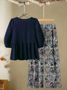 Linhara Bộ quần ống rộng in họa tiết hoa và áo cánh thắt nơ phía trước cỡ lớn cho nữ, trang phục thường ngày - Xanh đậm - Xem 2