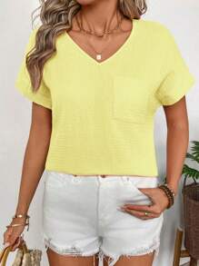 SHEIN LUNE Ladies' V-Neck Double Layer Cotton Wrinkled Fabric Short Sleeve Blouse - Yellow - View 5