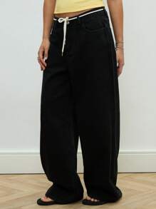 COUREZ 宽松牛仔裤，配抽绳腰带 / 女士夏季穿搭 / Y2K / 休闲 / 纯棉高街复古风 - 黑色 - 查看 3