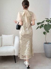 FRIFUL Women's Vacation Feminized Full Lace Mermaid Bowknot Belted Slim Solid Cream Yellow Dress, Women's Summer Women Dresses Birthday Women Birthday Women Casual Dress Women Clothes Summer Clothes Prom Dress - Apricot - View 5