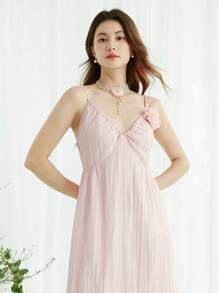 SHEIN LUNE Women's 3D Floral Decor A-Line Elegant Holiday & Daily Long Camisole Dress - Pink - View 5
