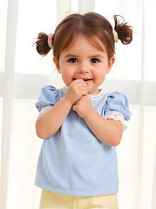 Baby Girl Blue Ribbed Cute Lace Frill Puff Sleeve Blouse, New Summer Collection 2025 - Blue - View 1
