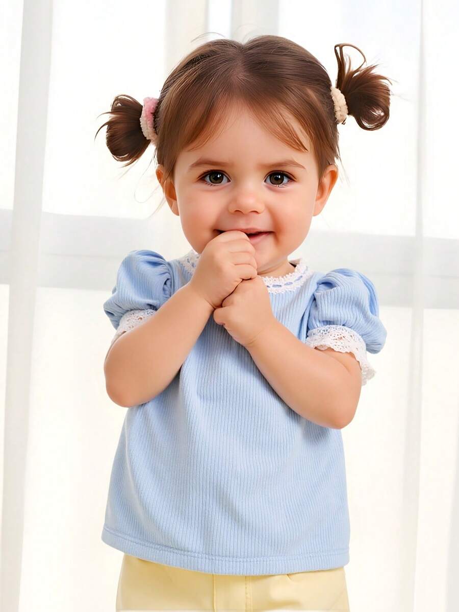 Baby Girl Blue Ribbed Cute Lace Frill Puff Sleeve Blouse, New Summer Collection 2025 - Blue - View 1
