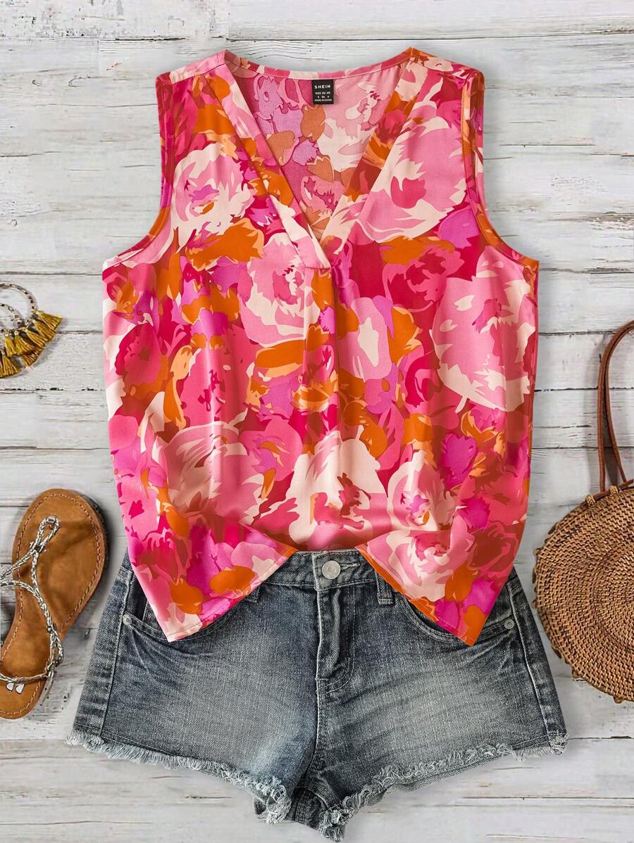 SHEIN LUNE Women's Casual Vacation Bright Floral V-Neck Sleeveless Blouse Vacation Tops Funny Shirts Cute Summer Tops Summer Outfits Boho Women's Clothing Going Out Tops Women Going Out Tops Vacation Summer Outfits For Women Summer