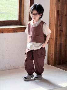 2pcs/Set Boys' Brown Cargo Pants + Short Sleeve Shirt & Vest - Coffee Brown - View 8