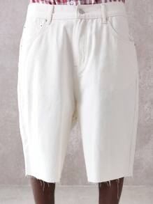 SUMWON 设计师款牛仔百慕大短裤破洞毛边阔腿短裤夏季沙滩休闲棉质宽松节日街头风短裤 - 杏色 - 查看 6